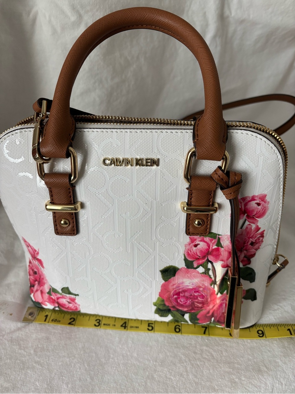 Calvin Klein White Floral Dome Satchel with Brown Trim and Gold Hardware - Picture 5 of 6
